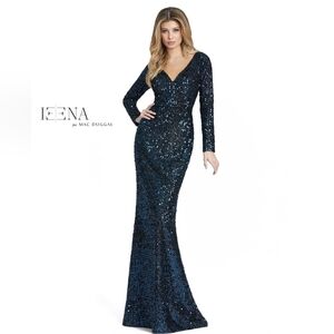 Ieena Mac Duggal Womens Sequined V-Neck Long Sleeve Gown 26445 Sz 6 Midnight NWT